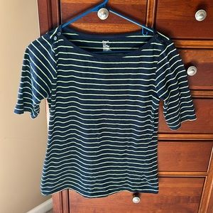 Gap women’s striped shirt, navy blue &green stripes, medium, buttons on shoulder